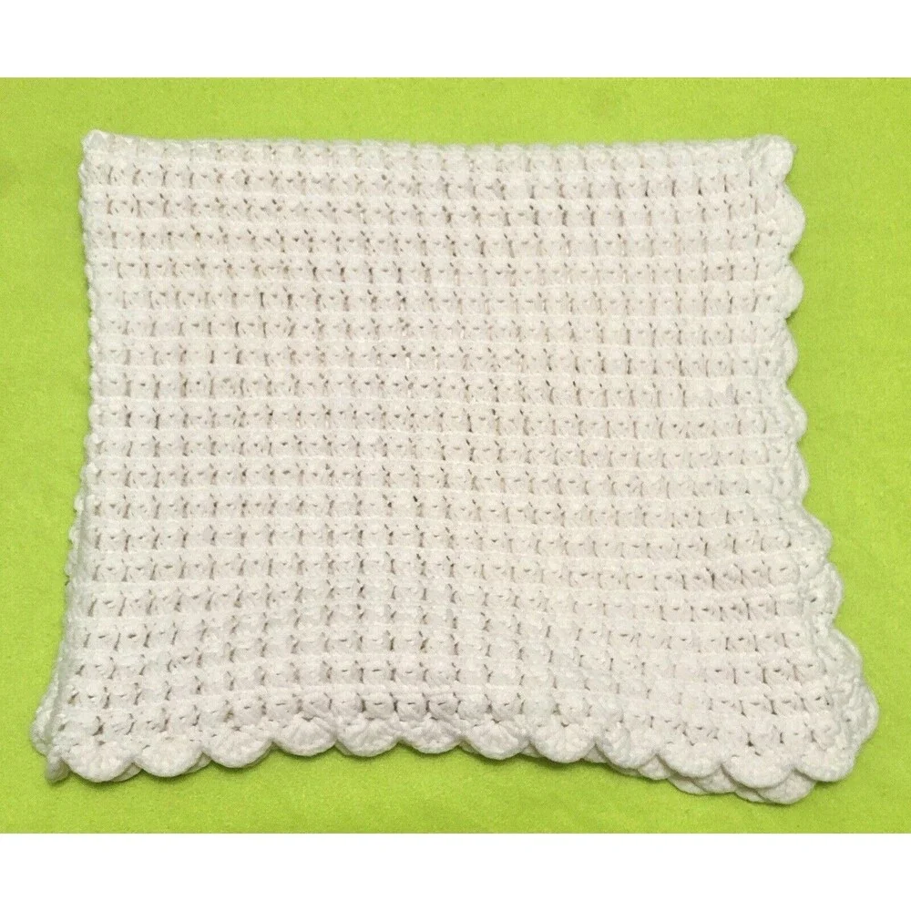 Baby Small White Crochet or Woven Blanket Square 32” by 32” Bed Crib Travel
